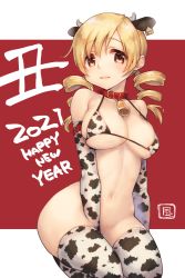 Rule 34 | 1girl, 2021, animal ears, animal print, bell, bikini, bikini top only, blonde hair, blush, bottomless, breasts, chinese zodiac, cleavage, collar, cow ears, cow horns, cow print, cow print bikini, drill hair, ear tag, elbow gloves, extra ears, gloves, happy new year, horns, kazabuki poni, kneeling, large breasts, looking at viewer, mahou shoujo madoka magica, mahou shoujo madoka magica (anime), navel, neck bell, new year, print bikini, print gloves, print legwear, solo, swimsuit, tomoe mami, twin drills, year of the ox, yellow eyes
