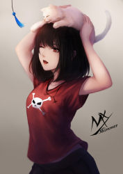Rule 34 | 1girl, animal, animal on head, arms up, artist name, black hair, cat, cat on head, cross, grey background, highres, inverted cross, jewelry, lips, medium hair, necklace, on head, one eye closed, open mouth, original, red eyes, red shirt, shimmer, shirt, short sleeves, simple background, skull and crossbones, t-shirt, teeth, white cat