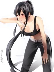 Rule 34 | 10s, 1girl, alternate costume, bad id, bad twitter id, black bra, black hair, black pants, blush, bra, breasts, cleavage, collarbone, commentary request, dripping, hair tie, hand on own thigh, highres, kantai collection, large breasts, leaning forward, long hair, midriff, navel, one-hour drawing challenge, open mouth, pants, ponytail, red eyes, revision, sakiryo kanna, shadow, sideboob, simple background, solo, sports bra, sportswear, striped legwear, sweat, sweatpants, twitter username, underwear, vertical-striped legwear, very long hair, white background, wiping sweat, yahagi (kancolle)