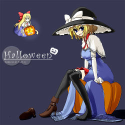 Rule 34 | 00s, 1girl, 2008, alice margatroid, bad id, bad pixiv id, blonde hair, blue background, blue eyes, dated, doll, dot r, elbow gloves, female focus, gloves, hairband, halloween, hat, jack-o&#039;-lantern, long hair, pumpkin, shanghai doll, shoes, short hair, single shoe, solo, thighhighs, touhou, witch hat