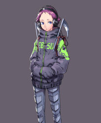 Rule 34 | 1girl, armor, backpack, bag, black jacket, cable, character name, clothes writing, dorohedoro, ebisu (dorohedoro), feet out of frame, grey background, hands in pockets, headphones, highres, jacket, long sleeves, noe yagyo, pants, puckered lips, purple eyes, purple hair, scythe, short hair, simple background, skull print, solo, weapon