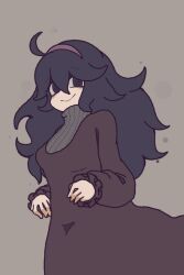 1girl @_@ ahoge bags_under_eyes black_dress black_hair blush closed_mouth creatures_(company) dress game_freak grey_background grey_sweater hairband hex_maniac_(pokemon) iu_iconattou long_hair long_sleeves messy_hair nintendo pokemon pokemon_xy purple_hairband simple_background smile solo sweater turtleneck turtleneck_sweater