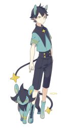 Rule 34 | 1boy, animal ears, arms at sides, bad id, bad pixiv id, black hair, black shorts, blue footwear, boots, closed mouth, creatures (company), cross-laced footwear, frown, full body, game freak, gen 4 pokemon, highres, lace-up boots, looking at viewer, luxio, male focus, nintendo, o-ishi, personification, pokedex number, pokemon, pokemon (creature), short sleeves, shorts, simple background, standing, tail, white background, yellow eyes
