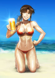 Rule 34 | 1girl, alcohol, azasuke, beach, beer, bikini, black lagoon, blue eyes, blue sky, breasts, brown hair, clenched hand, cup, drinking glass, grin, hand on own hip, highres, holding, holding cup, long hair, looking at viewer, navel, ocean, outdoors, ponytail, red bikini, revy (black lagoon), shoulder tattoo, sky, smile, solo, sweat, swimsuit, tattoo