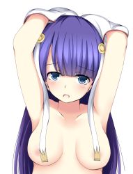 Rule 34 | 1girl, blue eyes, blush, breasts, collarbone, convenient censoring, fate/grand order, fate (series), highres, long hair, looking at viewer, martha (fate), nipples, open mouth, purple hair, simple background, solo, upper body, white background, winter (winterinkoakuma)