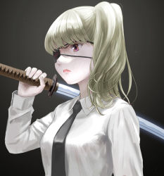 Rule 34 | 1girl, black necktie, blonde hair, blunt bangs, brown eyes, commentary request, eyepatch, highres, holding, holding sword, holding weapon, ishiyuki, katana, lips, lipstick, long hair, long sleeves, makeup, necktie, original, shirt, side ponytail, solo, sword, upper body, weapon, white shirt