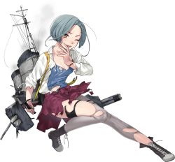 Rule 34 | 1girl, blouse, boots, collared shirt, cross-laced footwear, fujikawa, full body, grey pantyhose, kantai collection, lace-up boots, official art, pantyhose, shirt, skirt, solo, tamanami (kancolle), torn clothes, torn shirt, torn skirt, transparent background, white shirt