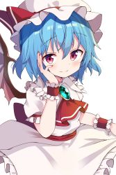 Rule 34 | 1girl, ascot, back bow, bat wings, blue hair, blush, bow, breasts, brooch, closed mouth, cowboy shot, dress, frilled shirt collar, frills, hair between eyes, hand on own cheek, hand on own face, hand up, hat, hat ribbon, highres, jewelry, kuro seifuku, looking at viewer, mob cap, nail polish, petticoat, pink eyes, puffy short sleeves, puffy sleeves, red ascot, red bow, red nails, red ribbon, red sash, remilia scarlet, ribbon, sash, short hair, short sleeves, simple background, small breasts, smile, solo, touhou, white background, white dress, white hat, wings, wrist cuffs