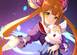 Rule 34 | 1girl, ame., blonde hair, blush, commentary request, double bun, dress, frilled sleeves, frills, green eyes, hair bun, juliet sleeves, long hair, long sleeves, looking at viewer, luna (shadowverse), hugging object, parted lips, princess connect!, puffy sleeves, purple background, purple dress, shadowverse, signature, solo, stuffed animal, stuffed dog, stuffed toy, twintails, upper body, very long hair