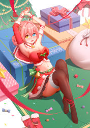 Rule 34 | absurdres, ahoge, antlers, armpits, ass, bell, belt, blue eyes, bow, breasts, capelet, cleavage, commentary request, dsbz, fur trim, gift, green belt, green bow, hair between eyes, hair bun, heterochromia, highres, horns, large breasts, looking at viewer, nail polish, navel, no shoes, original, pink bow, pink hair, red capelet, red nails, red skirt, red thighhighs, reindeer antlers, single hair bun, sitting, skirt, soles, solo, star (symbol), thighhighs, tree, yellow eyes
