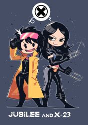 Rule 34 | 2girls, absurdres, belt, black gloves, black hair, blush, character name, claws, closed mouth, coat, elbow gloves, eyewear on head, fangs, full body, gloves, highres, jubilee, marvel, multiple girls, open mouth, rariatto (ganguri), short hair, smile, solid oval eyes, standing, x-23, x-men, yellow coat
