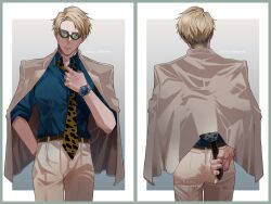 Rule 34 | 1boy, adjusting clothes, adjusting necktie, animal print, ass, back, belt, blonde hair, blue shirt, brown belt, chachashima, collared shirt, cowboy shot, formal, goggles, grey jacket, grey pants, hand in pocket, highres, holding, holding weapon, jacket, jacket on shoulders, jujutsu kaisen, leopard print, long sleeves, looking at viewer, male focus, nanami kento, necktie, pants, shirt, short hair, solo, suit, undercut, watch, weapon, wristwatch, yellow necktie