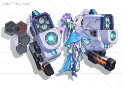 Rule 34 | 1girl, absurdres, android, blue eyes, blue skirt, cannon, final gear, highres, leaning back, lollar (final gear), looking to the side, metal skin, missile pod, nue (fk3203), open hands, open mouth, science fiction, skirt, solo