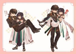 Rule 34 | 2boys, ahoge, androgynous, arm guards, belt, belt buckle, black footwear, black pants, black shirt, blue eyes, braid, braided bun, brown belt, buckle, carrying, command spell, dress, earrings, fate/samurai remnant, fate (series), fingerless gloves, full body, gloves, hair bun, hair intakes, highres, japanese clothes, jewelry, long sleeves, low ponytail, magatama, magatama earrings, miyamoto iori (fate), multiple boys, necklace, official alternate costume, official alternate hairstyle, pants, partially unbuttoned, pinstripe pattern, pinstripe shirt, pointing, princess carry, printemps, shirt, shoes, short ponytail, sidelocks, sweat, sword, thigh belt, thigh strap, weapon, white dress, yamato takeru (fate), yellow eyes