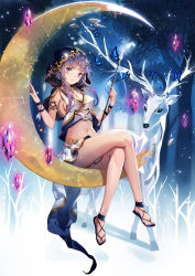 Rule 34 | 1girl, animal, arrow (projectile), artemis (mythology), bad id, bad pixiv id, breasts, bug, butterfly, cleavage, clothes between thighs, constellation, crescent moon, crop top, crossed legs, deer, emyo, forest, full body, gem, greek mythology, highres, insect, medium breasts, midriff, moon, nature, navel, original, purple eyes, purple hair, quiver, smile, solo, veil