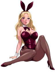 Rule 34 | 18 (aug1), 1girl, animal ears, bad id, bad pixiv id, bare shoulders, blonde hair, blush, bow, bowtie, breasts, cleavage, detached collar, fake animal ears, highres, huge breasts, long hair, looking at viewer, open mouth, original, pantyhose, playboy bunny, purple eyes, rabbit ears, sitting, solo, wrist cuffs