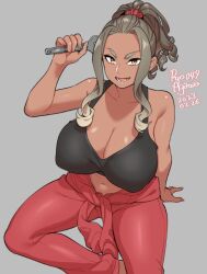 Rule 34 | 1girl, agawa ryou, bare shoulders, bra, breasts, brown hair, cleavage, clothes around waist, commentary, dark-skinned female, dark skin, dated, english commentary, gradient hair, hair ornament, hair scrunchie, holding, holding wrench, huge breasts, looking at viewer, midriff, multicolored hair, navel, original, ponytail, scrunchie, short hair with long locks, signature, simple background, sitting, smile, solo, underwear, wrench