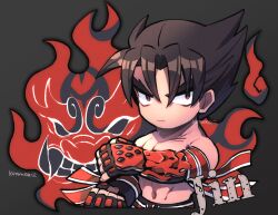 Rule 34 | 1boy, belt, character name, closed mouth, collarbone, fire, gloves, grey background, kazama jin, kotorai, looking at viewer, male focus, navel, no nose, pectorals, red belt, red eyes, red gloves, short hair, signature, solo, studded gloves, tekken, topless male, upper body, v-shaped eyebrows