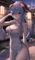 Rule 34 | 1girl, ahoge, alternate costume, architecture, bare shoulders, blue hair, blurry, blush, breasts, china dress, chinese clothes, cleavage cutout, clothing cutout, commentary request, covered navel, dress, east asian architecture, ganyu (genshin impact), genshin impact, goat horns, highres, horns, lantern, large breasts, long hair, looking at viewer, night, paper lantern, purple eyes, rine (rine on), solo, thighs, white dress