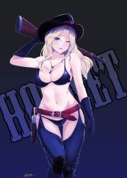 Rule 34 | 1girl, ;), alternate costume, arm up, belt, bikini, black background, black bikini, black gloves, blonde hair, blue background, blue eyes, breasts, chaps, character name, closed mouth, collarbone, cowboy hat, cowboy western, dark background, elbow gloves, gloves, gun, handgun, hat, highres, holding, holding gun, holding weapon, holster, hornet (kancolle), jouzaburou (joe3), kantai collection, large breasts, long hair, looking at viewer, navel, one eye closed, parted bangs, red belt, red lips, revolver, rifle, signature, smile, solo, swimsuit, weapon