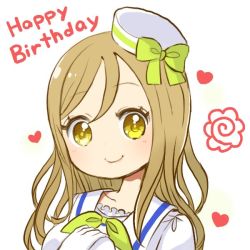 Rule 34 | 1girl, bow, brown hair, commentary request, food, gloves, happy birthday, hat, hat bow, heart, kamaboko, kunikida hanamaru, long hair, looking at viewer, love live!, love live! school idol festival, love live! sunshine!!, morimaiko, name connection, narutomaki, neckerchief, object namesake, own hands together, school uniform, serafuku, simple background, smile, solo, upper body, white background, white gloves, white hat, yellow bow, yellow eyes, yellow neckerchief