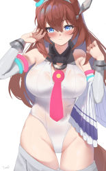 Rule 34 | 1girl, absurdres, animal ears, artist name, bare shoulders, blue eyes, blush, breasts, brown hair, closed mouth, commentary request, detached sleeves, hair between eyes, hands up, highleg, highleg leotard, highres, horse ears, horse girl, horse tail, large breasts, leotard, long hair, looking at viewer, mihono bourbon (umamusume), necktie, pink necktie, simple background, solo, standing, tail, thigh gap, tomid, umamusume, white background, white leotard
