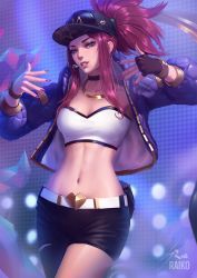 Rule 34 | 1girl, akali, artist name, asymmetrical clothes, asymmetrical legwear, bangle, belt, blue eyes, blurry, blurry background, bracelet, breasts, choker, cleavage, cowboy shot, cropped jacket, fingerless gloves, gloves, hat, highres, idol, jacket, jewelry, k/da (league of legends), k/da akali, league of legends, lipstick, looking at viewer, makeup, medium breasts, microphone, midriff, nail polish, navel, necklace, official alternate costume, open clothes, open jacket, parted lips, ponytail, raikoart, red hair, single glove, single pantsleg, solo, strapless, teeth, tube top, uneven legwear