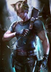 Rule 34 | 1boy, animal ears, artist name, belt, black gloves, black pants, black shirt, brown belt, brown hair, buckle, cat boy, cat ears, closed mouth, fingerless gloves, gloves, gun, highres, holding, holding gun, holding knife, holding weapon, holster, knife, knife sheath, kyle., leon s. kennedy, male focus, muscular, muscular male, pants, resident evil, resident evil 4, resident evil 4 (remake), sheath, shirt, short hair, shoulder holster, snap-fit buckle, solo, torn clothes, weapon, weapon on back