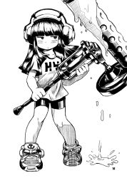 Rule 34 | 1girl, alternate costume, bad id, bad pixiv id, bike shorts, carrying, casual, greyscale, hatsuyuki (kancolle), headphones, kantai collection, looking at viewer, mizuno (okn66), monochrome, nintendo, paint, paint roller, parody, shirt, shoes, solo, splat roller (splatoon), splatoon (series), splatoon 1, t-shirt