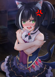 Rule 34 | 1girl, anger vein, animal ear fluff, animal ears, bare arms, bare shoulders, black hair, blush, book, book stack, cat ears, cat girl, cat tail, collared shirt, commentary request, crossed arms, fang, frilled skirt, frills, green eyes, hair between eyes, highres, indoors, karyl (princess connect!), kuutamo, long hair, looking at viewer, multicolored hair, no detached sleeves, nose blush, on floor, open mouth, ponytail, princess connect!, purple skirt, ringlets, shirt, sitting, skirt, sleeveless, sleeveless shirt, solo, streaked hair, tail, tail raised, wariza, white hair, white shirt, wooden floor