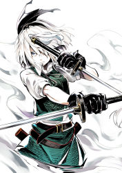 Rule 34 | &gt;:(, 1girl, asutora, belt, black belt, black gloves, black hairband, black ribbon, blue eyes, breasts, commentary request, cowboy shot, dual wielding, gloves, green skirt, green vest, hair over one eye, hair ribbon, hairband, hand up, highres, holding, holding sword, holding weapon, katana, konpaku youmu, looking at viewer, medium breasts, neck ribbon, puffy short sleeves, puffy sleeves, reverse grip, revision, ribbon, scabbard, sheath, shirt, short hair, short sleeves, silver hair, simple background, skirt, skirt set, solo, standing, sword, touhou, vest, weapon, white background, white shirt, wing collar