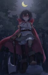 Rule 34 | 1girl, absurdres, ankle boots, axe, black hair, black pantyhose, boots, brown footwear, brown gloves, brown sleeves, cape, closed mouth, crescent moon, dkknht, forest, from below, full body, gloves, grey skirt, highres, holding, holding axe, hood, hood down, hooded cape, juliet sleeves, long sleeves, looking at viewer, mondlicht (reverse:1999), moon, nature, night, night sky, pantyhose, planted, puffy shorts, puffy sleeves, red cape, red eyes, red hood, reverse:1999, rock, shirt, short hair, shorts, shorts under skirt, skirt, sky, solo, standing, stepped on, tree, white shirt, white shorts