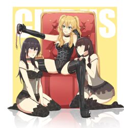 3girls aihara_mei aihara_yuzu bdsm black_hair black_panties blonde_hair bra breasts brown_hair chain choker citrus_(saburouta) cleavage collar copyright_name femdom garter_straps gloves green_eyes grin highres leash leather leather_corset leather_gloves lingerie long_hair medium_breasts multiple_girls navel panties purple_eyes reflection see-through_clothes seiza simple_background sitting slave smile taniguchi_harumi tasdyman thighhighs thighs throne twintails underwear white_background yellow_eyes yuri