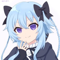 Rule 34 | 1girl, assault lily, black bow, black ribbon, blue hair, bow, braid, buttons, closed mouth, commentary request, fang, fang out, frilled shirt, frilled shirt collar, frills, gradient background, hair between eyes, hair bow, hand up, highres, hood, hood down, long hair, mori tatsuki, neck ribbon, piatin, portrait, purple background, purple eyes, ribbon, school uniform, shirt, sidelocks, sleeves past wrists, smile, solo, twin braids, twitter username, white background, white shirt, yurigaoka girls academy school uniform