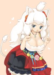 Rule 34 | 1girl, ahoge, animal ear fluff, animal ears, blush, breasts, cleavage, commentary request, covered erect nipples, cowboy shot, flower, grey eyes, hair flower, hair ornament, heart, highres, jewelry, kemono friends, large breasts, leaning forward, lets0020, lion ears, lion girl, lion tail, long hair, looking at viewer, medium bangs, necklace, open mouth, orange flower, orange rose, paw pose, petticoat, pink background, pink flower, pink rose, puffy short sleeves, puffy sleeves, red skirt, rose, shirt, short sleeves, simple background, skirt, smile, solo, tail, white hair, white lion (kemono friends), white shirt, yellow flower, yellow rose