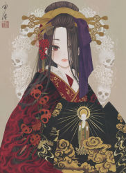 Rule 34 | 1girl, absurdres, beige background, black kimono, brown background, brown hair, cloud print, commentary request, flame print, floral print, flower, hair flower, hair ornament, hair over one eye, highres, japanese clothes, jizou, kanzashi, kimono, layered clothes, layered kimono, long hair, looking at viewer, medibang paint (medium), nihongami, original, parted lips, print kimono, red eyes, red flower, red kimono, seal impression, signature, skull, solo, spider lily, spider lily print, straight hair, upper body, ushiyama ame, white flower, white spider lily