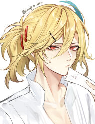 Rule 34 | 1boy, alternate hairstyle, artist name, blonde hair, blush, closed mouth, collarbone, collared shirt, commentary request, eyelashes, feather hair ornament, feathers, genshin impact, hair between eyes, hair ornament, hairclip, hand up, highres, holding, holding paper, kaveh (genshin impact), long hair, male focus, paper, ponytail, portrait, red eyes, shirt, sidelocks, simple background, solo, sweatdrop, twitter username, unagi to kame, upper body, white background, white shirt