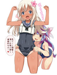 Rule 34 | 10s, 2girls, :d, :o, adjusting another&#039;s clothes, adjusting clothes, adjusting swimsuit, arino towatari, bad id, bad pixiv id, bare shoulders, blonde hair, blue eyes, blue hair, blunt bangs, blush, clenched hands, covered navel, cowboy shot, crop top, cropped legs, flower, gluteal fold, hair flower, hair ornament, hair ribbon, hands up, i-19 (kancolle), kantai collection, long hair, multiple girls, neckerchief, open mouth, red eyes, ribbon, ro-500 (kancolle), sailor collar, school swimsuit, school uniform, simple background, smile, swimsuit, swimsuit under clothes, tan, tanline, thighs, tongue, translated, tri tails, white background