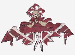 Rule 34 | 1girl, absurdres, adapted costume, blonde hair, bow, closed mouth, commentary request, dress, frilled dress, frills, front ponytail, full body, grey background, hair bow, harano kaguyama, highres, kagiyama hina, long hair, long sleeves, looking at viewer, red bow, red dress, simple background, solo, touhou, yellow eyes
