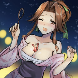 Rule 34 | 10s, 1girl, artist name, bare shoulders, between breasts, blush, breasts, brown eyes, brown hair, cleavage, dutch angle, embarrassed, fish, goldfish, hair intakes, highres, japanese clothes, jintsuu (kancolle), kantai collection, kimono, large breasts, matching hair/eyes, off shoulder, one eye closed, open mouth, ponytail, sarashi, short ponytail, signature, solo, summer festival, sweatdrop, tears, the-sinner, wavy mouth, wince, yukata