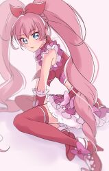 Rule 34 | 1girl, agura dou, blue eyes, bow choker, choker, crop top, cure melody, earrings, frilled skirt, frills, heart, heart earrings, highres, houjou hibiki, jewelry, long hair, midriff, pink choker, pink footwear, pink hair, pink thighhighs, precure, sitting, skirt, solo, suite precure, thighhighs, twintails
