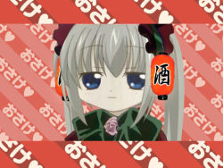 Rule 34 | 1girl, binzume yousei, bonnet, bow, bowtie, close-up, crossover, flower, lampion, light smile, lowres, parody, red background, rose, rozen maiden, sarara, shinku, short hair, silver hair, simple background, solo, twintails, upper body