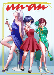 Rule 34 | 3girls, absurdres, artist name, black footwear, blue background, blue dress, blue hair, breasts, brown hair, bun cover, china dress, chinese clothes, closed mouth, cocktail dress, cocktail glass, collarbone, cover, crossed legs, cup, dark blue hair, dated, double bun, dress, drinking glass, earrings, evening gown, fake magazine cover, finger gun, formal, green footwear, grey footwear, grey hair, hair bun, hair ornament, hairclip, high heels, highres, izumo fuuko, jewelry, juiz (undead unluck), large breasts, looking at viewer, magazine cover, mui (undead unluck), multiple girls, necklace, one eye closed, pointing, pointing at viewer, profile, red dress, red eyes, sitting, smile, squinting, standing, tono0185, undead unluck, yellow eyes