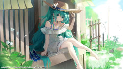 Rule 34 | 1girl, alternate costume, animal, animal on lap, aqua eyes, aqua hair, asahi kuroi, bare legs, bare shoulders, barefoot, closed mouth, collarbone, copyright notice, diffraction spikes, dress, earrings, flower earrings, hat, hatsune miku, high heels, highres, jewelry, long hair, looking at viewer, necklace, off-shoulder dress, off shoulder, official art, on lap, outdoors, plantar flexion, rabbit, shoes, short dress, sitting, smile, straw hat, sun hat, sundress, unworn shoes, very long hair, vocaloid, watch, white dress