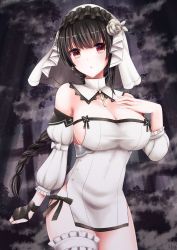 Rule 34 | 1girl, ankh, bare shoulders, black hair, blush, bow, braid, breasts, bridal garter, cleavage, commentary request, commission, cross, cross earrings, cross necklace, detached sleeves, dress, earrings, fingerless gloves, flower, frills, gloves, hand on own chest, itsumoto hiroharu, jewelry, large breasts, long hair, looking at viewer, necklace, nun, rabiane (sinisistar), red eyes, rose, sideboob, single fingerless glove, single glove, sinisistar, skeb commission, solo, strapless, strapless dress, two-tone dress, veil, white dress, white flower, white rose, white veil