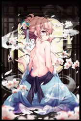 Rule 34 | 1girl, absurdres, back, backboob, bare back, black border, blurry, border, breasts, cherry blossoms, cup, depth of field, flower, from behind, highres, hira-san, japanese clothes, kimono, large breasts, letterboxed, light smile, looking back, petals, pillarboxed, pink hair, profile, saigyouji yuyuko, shoulder blades, sideways mouth, sitting, solo, touhou, transparent background