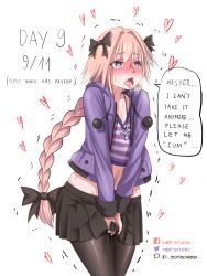 Rule 34 | 1boy, astolfo (fate), astolfo (memories at trifas) (fate), bad id, bad pixiv id, blouse, blush, braid, bulge, crossdressing, english text, fate/grand order, fate (series), hair intakes, heart, heart-shaped pupils, highres, long hair, naughty face, official alternate costume, pantyhose, pink hair, precum, shirt, single braid, solo, striped clothes, striped shirt, symbol-shaped pupils, trap