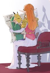Rule 34 | 1boy, 1girl, age difference, belt, blonde hair, brown belt, brown footwear, child, dress, facing another, fox mask, green headwear, green tunic, highres, holding, holding newspaper, link, long hair, mask, newspaper, nintendo, pointy ears, princess zelda, short sleeves, sitting, sitting on lap, sitting on person, teenage girl and younger boy, the legend of zelda, the legend of zelda: ocarina of time, white dress, yamori (yamoooon21)