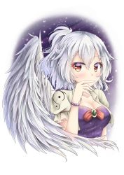 Rule 34 | 1girl, absurdres, adapted costume, akiteru (akiteru98), bad id, bad twitter id, blush, braid, breasts, cleavage, covered mouth, feathered wings, highres, jewelry, kishin sagume, looking at viewer, medium breasts, puffy short sleeves, puffy sleeves, red eyes, ribbon, short hair, short sleeves, silver hair, simple background, single wing, solo, touhou, upper body, white wing, wings