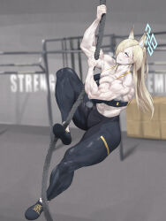 Rule 34 | 1girl, 702 96, abs, absurdres, animal ear fluff, animal ears, barbell, bare shoulders, blonde hair, blue archive, blue eyes, climbing, climbing rope, commission, exercising, gym, highres, kanna (blue archive), looking up, muscular, muscular female, pixiv commission, shoes, sneakers, sweat, veins, veiny arms